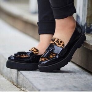 Franco Sarto Black and Leopard Print Loafers Sz 8.5